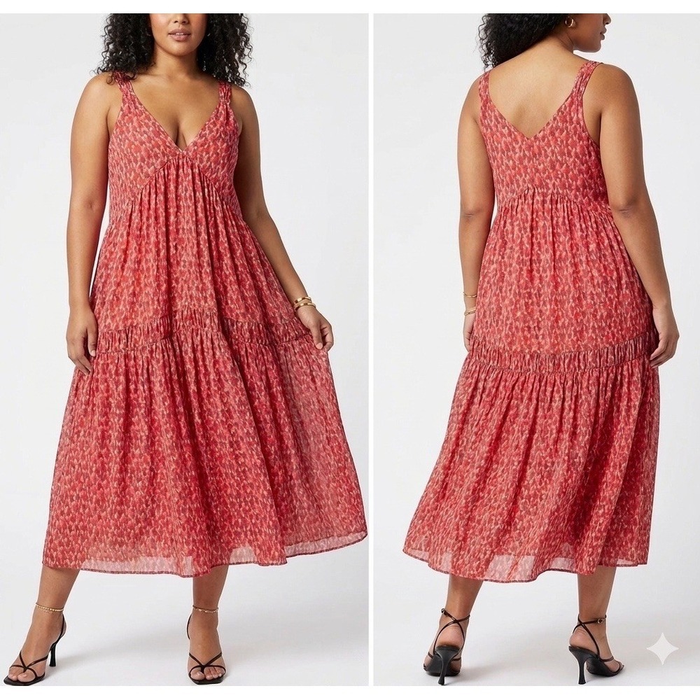 Joie Bondi Boho Print Abstract Animal Ikat‎ Midi Dress Tea Rose Pink Red Boho XL